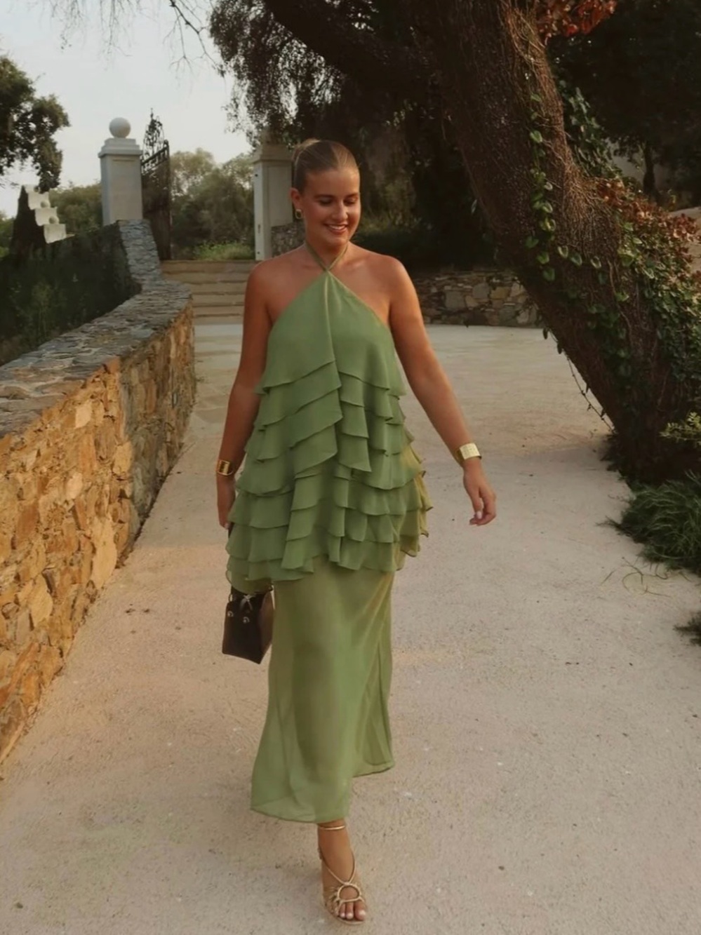 Third Form Olive Green Halter Ruffle Maxi Dress